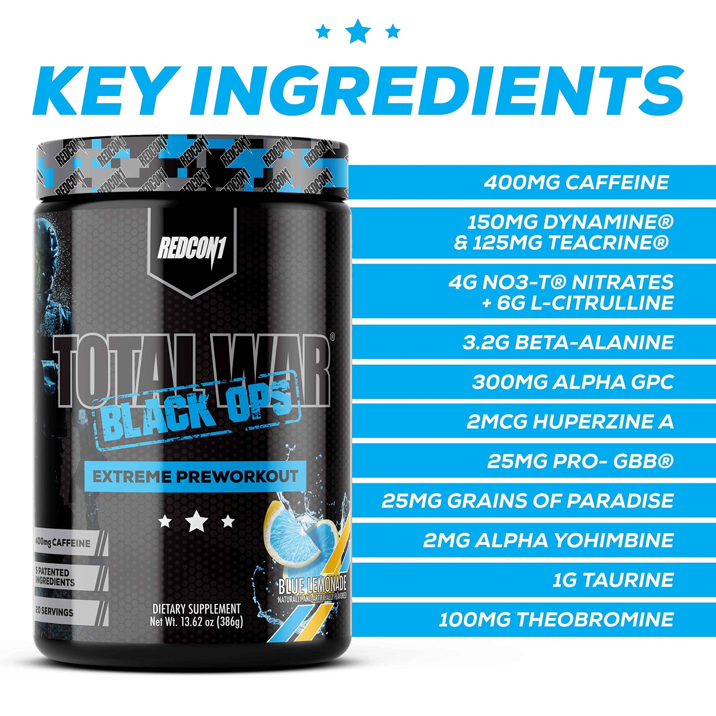 REDCON1 Total War Black Ops Extreme Preworkout Powder, Blue Lemonade, High Stimulant, 400 mg Caffeine, NO3-T Nitrates + L-Citrulline, Increase Blood Flow, Muscle Pumps (20 Servings)