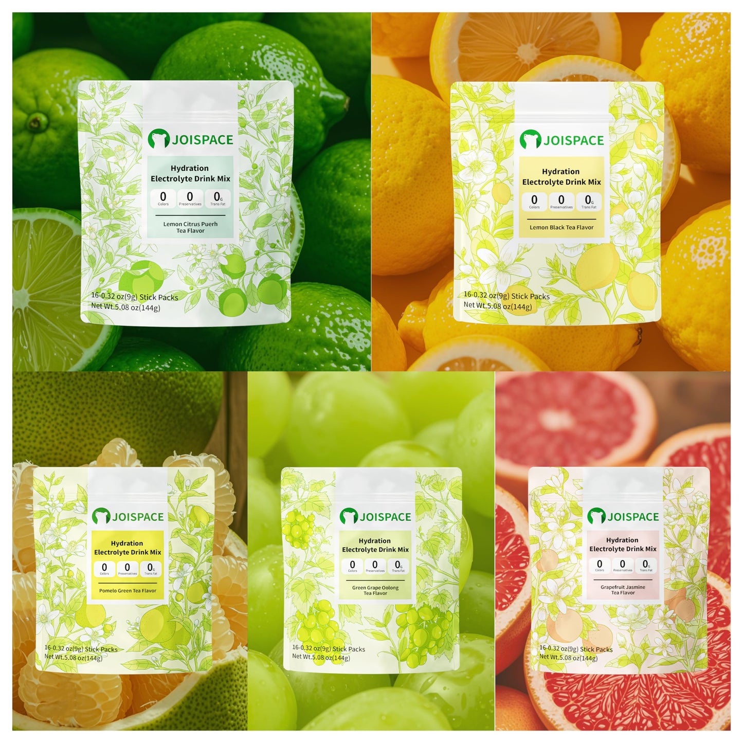 JOISPACE Electrolyte Drink Mix with Tea Polyphenols | Fast Hydration & Electrolytes Boost | Non-GMO, Vegan, Gluten-Free | Lemon Tea & Lemon Lime Tea, 32 Servings