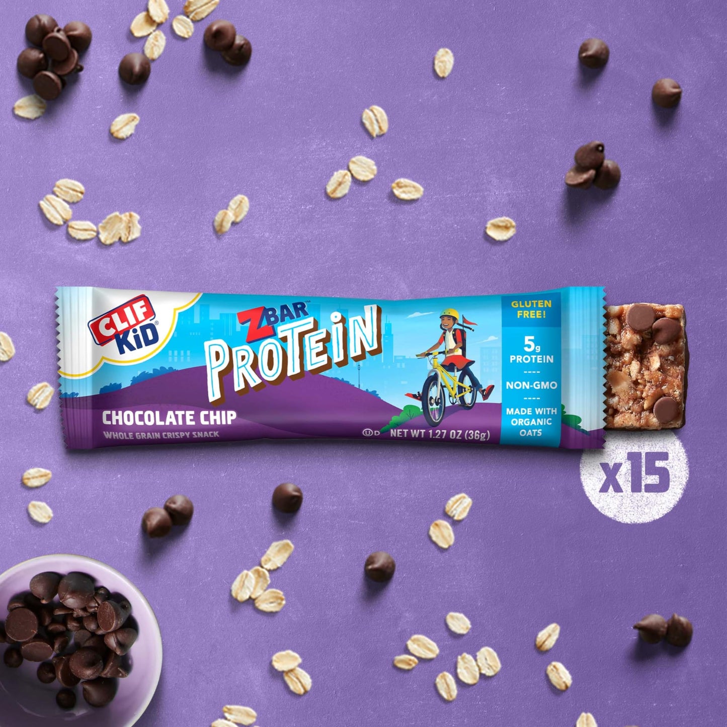 CLIF Kid Zbar Protein - Chocolate Chip - Crispy Whole Grain Snack Bars - Made with Organic Oats - Non-GMO - 5g Protein, 1.27 Oz - 15 Count (Pack of 1)