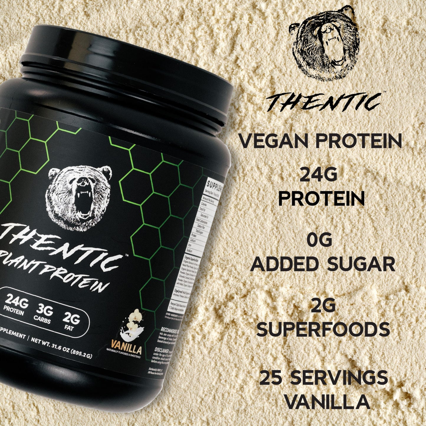 THENTIC Plant Based Protein Powder - Non Dairy Vegan Protein, Zero Artificial Ingredients, Soy&Gluten Free,No Added Sugar, 5.8g BCAA,Digestive Enzymes,Organic Superfoods.25 Servings (Vanilla) 1.9 lb