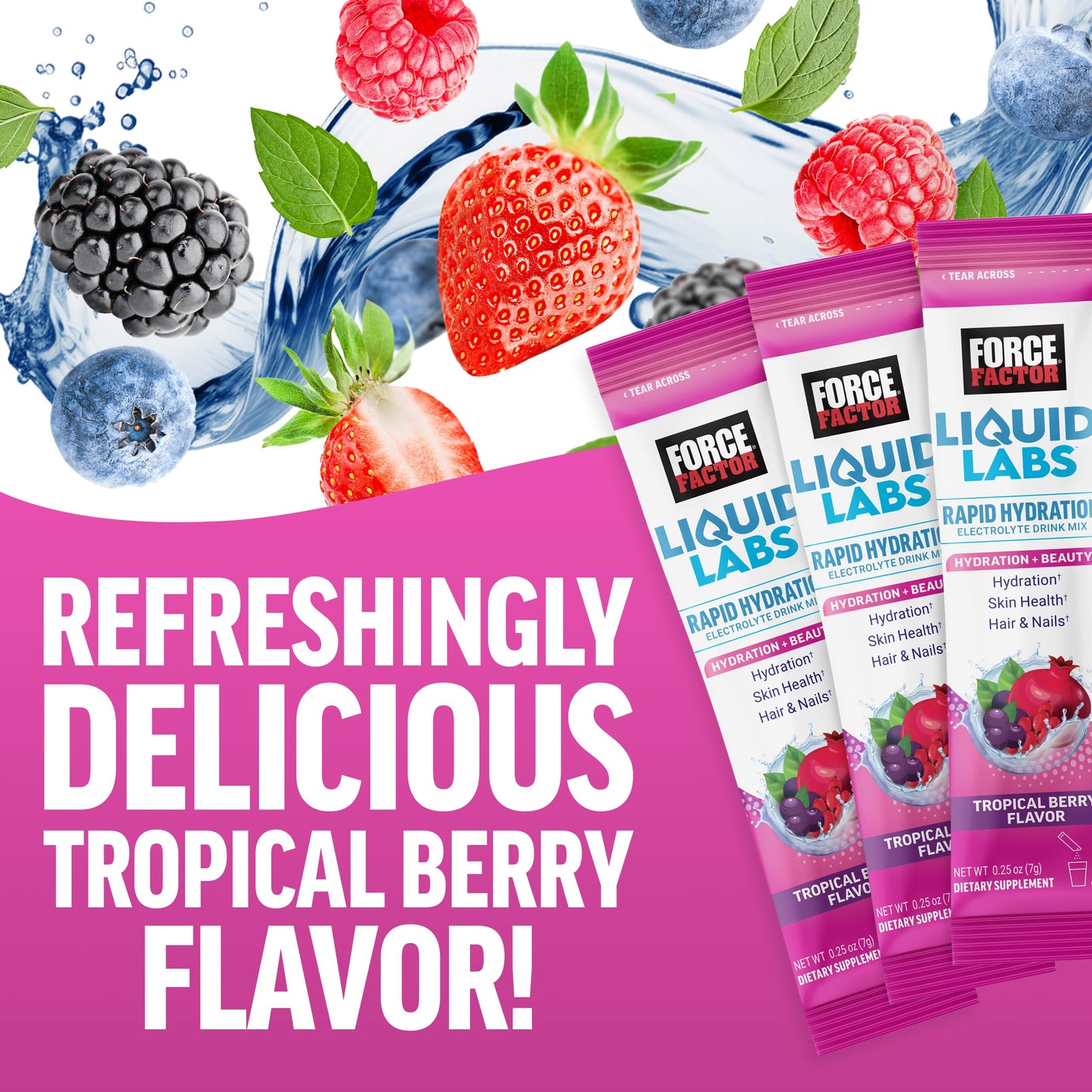 Force Factor Liquid Labs Beauty, Hydration Packet for Stronger Hair, Skin & Nails. Electrolytes powder with Hyaluronic Acid, Biotin, and Ceramides. Tropical Berry Flavor, 20 Stick Packs