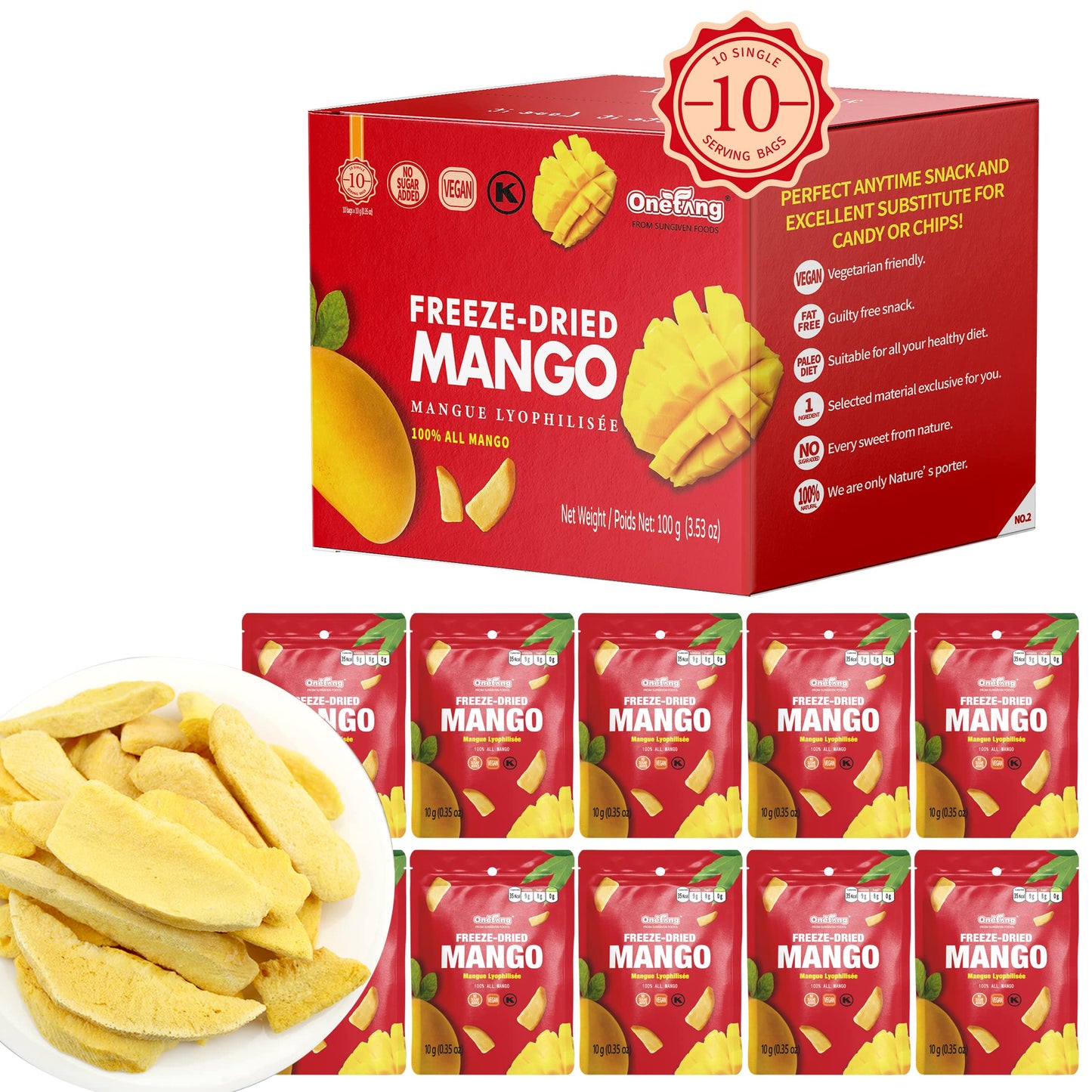ONETANG FreezeDried Fruit Mango Chips 10 Pack SingleServe Pack Non GMO Kosher No Add Sugar Gluten free Vegan Holiday Gifts Healthy Snack 035 Ounce