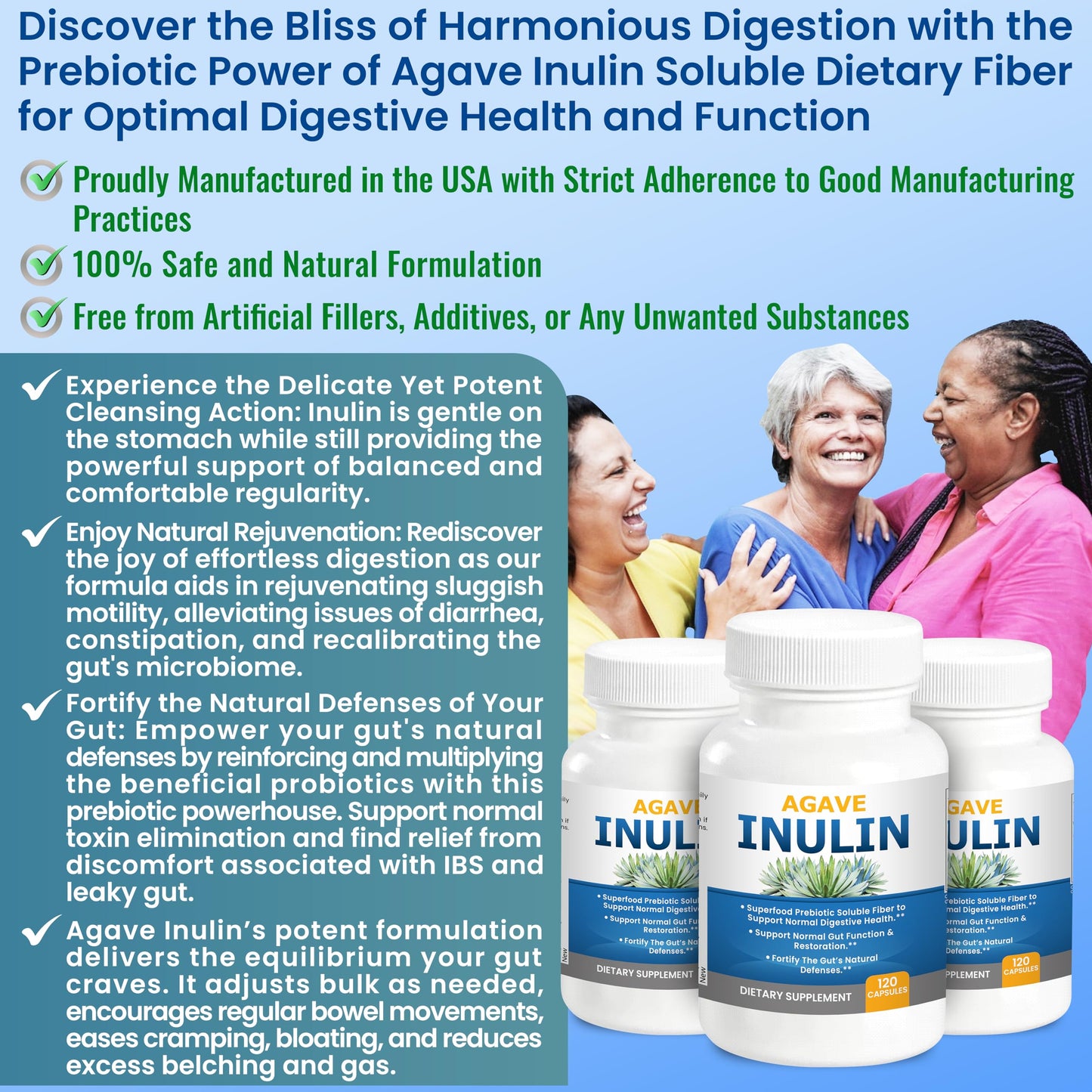 Agave Inulin Capsules Digestive Support Soluble Fiber Prebiotic Agave Inulin 120 Ct.