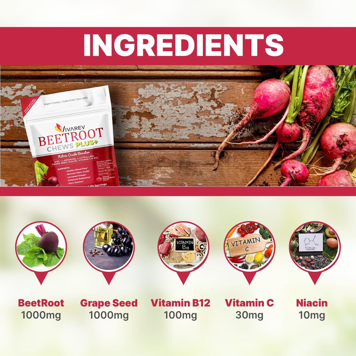 VIVAREV Beetroot Nitric Oxide Supplement - 1000mg Beet Powder with L Arginine, L Citrulline, Grape Seed Extract, Niacin, Vitamin C & B12 - Beet Chews - Pack of 60