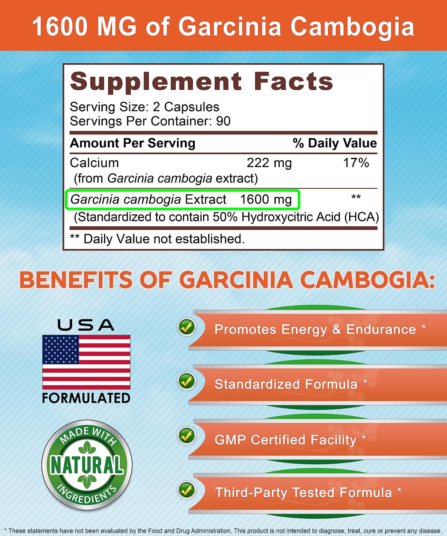 Garcinia Cambogia 1600 mg (180 Capsules) - Pure Natural Extract Supplement Pills - Standardized Garcinia Cambogia Alternative to Drops, Gummies, Liquid, Tea & Powder