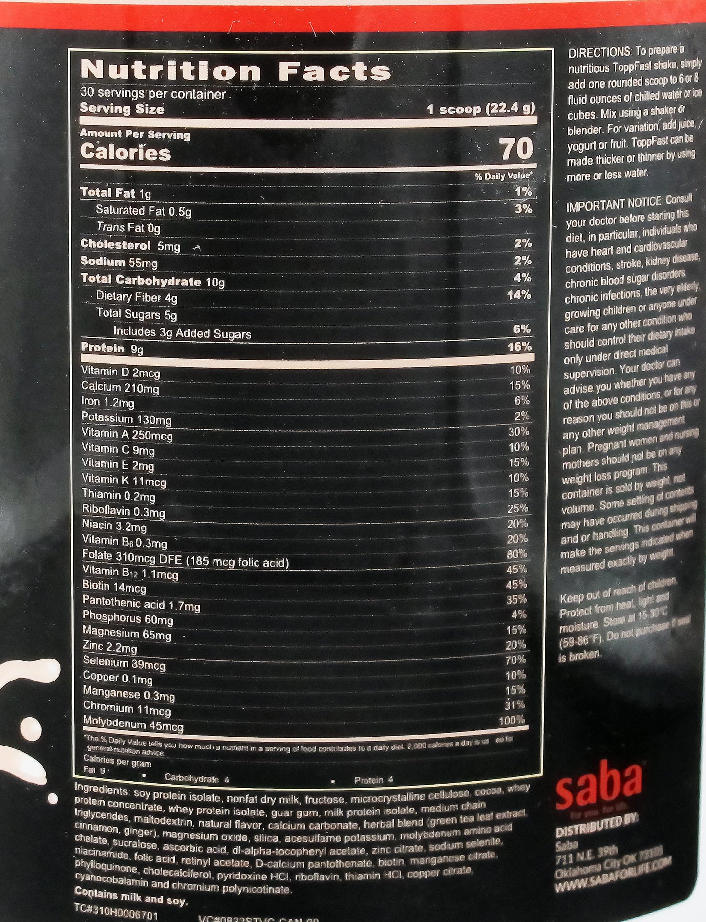 Saba ToppFast™ Nutritional Shake -Scientific Blend of proteins, Herbs, Vitamins, Minerals, & Antioxidants -30 Servings
