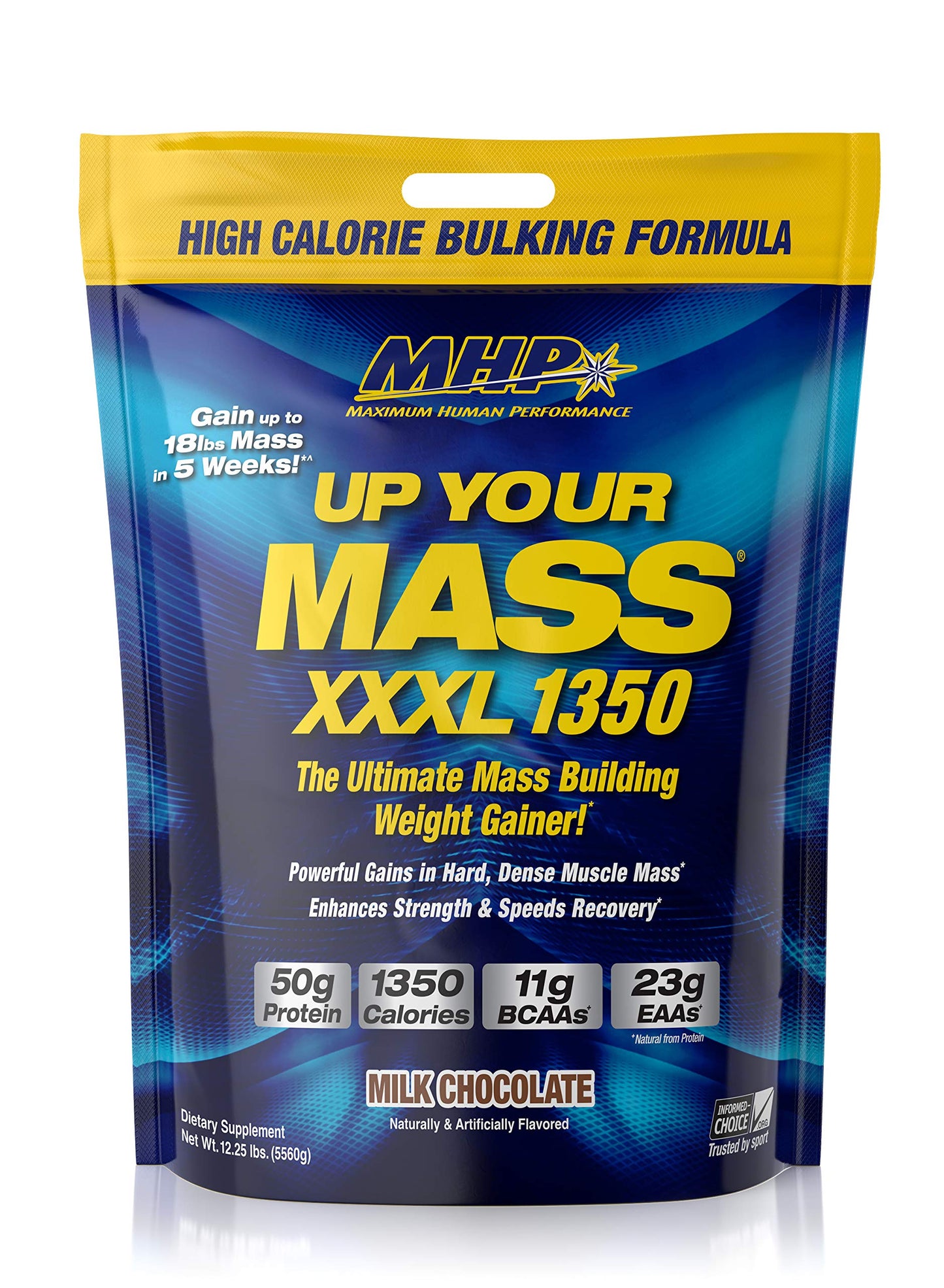 Maximum Human Performance MHP UYM XXXL 1350 Mass Building Weight Gainer, Muscle Mass Gains, w/50g Protein, High Calories, 11g BCAAs, Leucine, Milk Chocolate, 16 Servings
