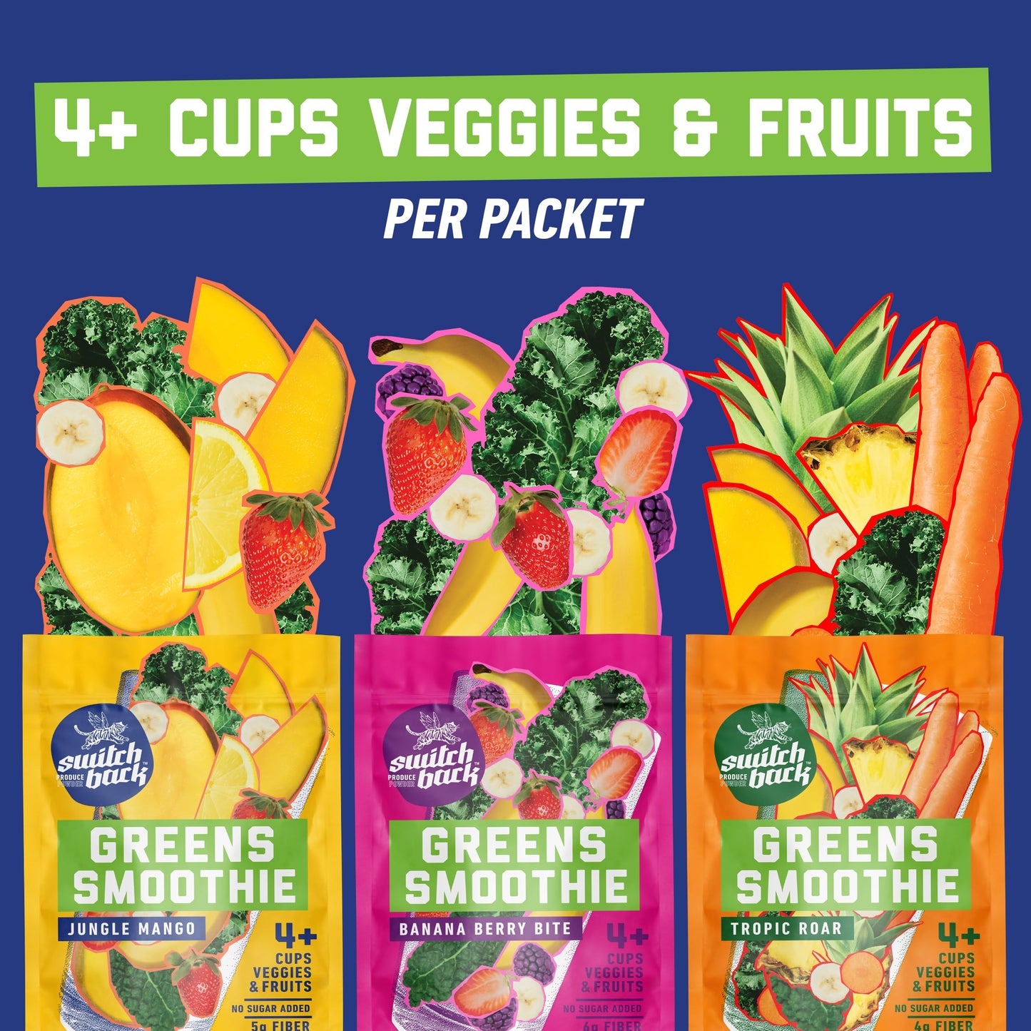 Switchback Greens Smoothie Powder Gluten Free Mix for Water Juice or Milk Made with Real Fruit and Veggies Green Drink for Energy Boost Vegan Plant Based 45g Fiber 3 Packets  Sampler Pack