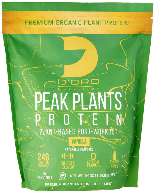 D’Oro Nutrition - Peak Plant Protein Powder - Vanilla Flavor - Plant-Based Post Workout - Premium Organic Protein Shakes - 22G of Protein Per Scoop