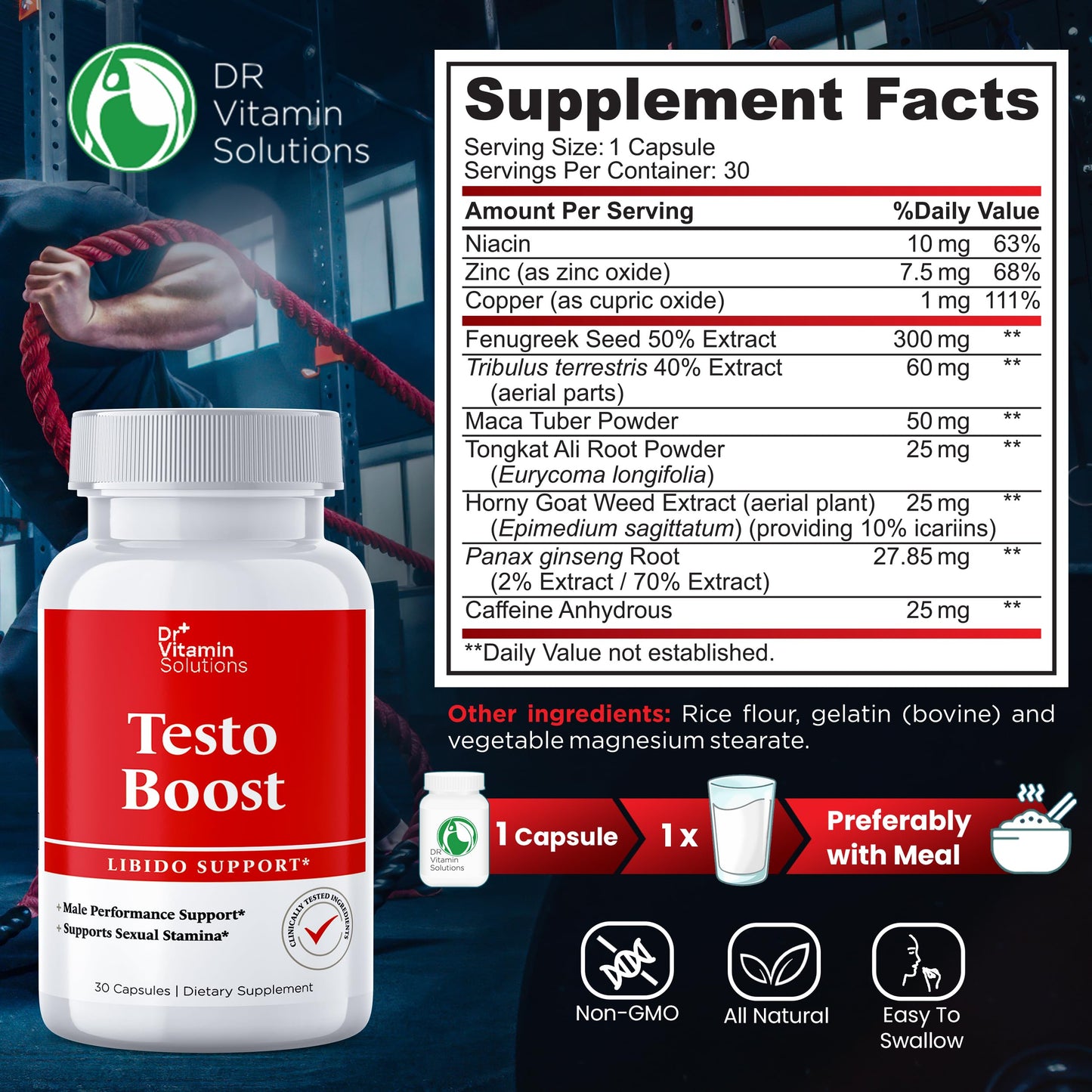 Dr. Vitamin Testo Boost Supplement for Men - Stamina, Endurance & Energy Enhancement - Male Testosterone Booster w/ Fenugreek, Tribulus, Tongkat Ali, Horny Goat Weed - 30 Capsules