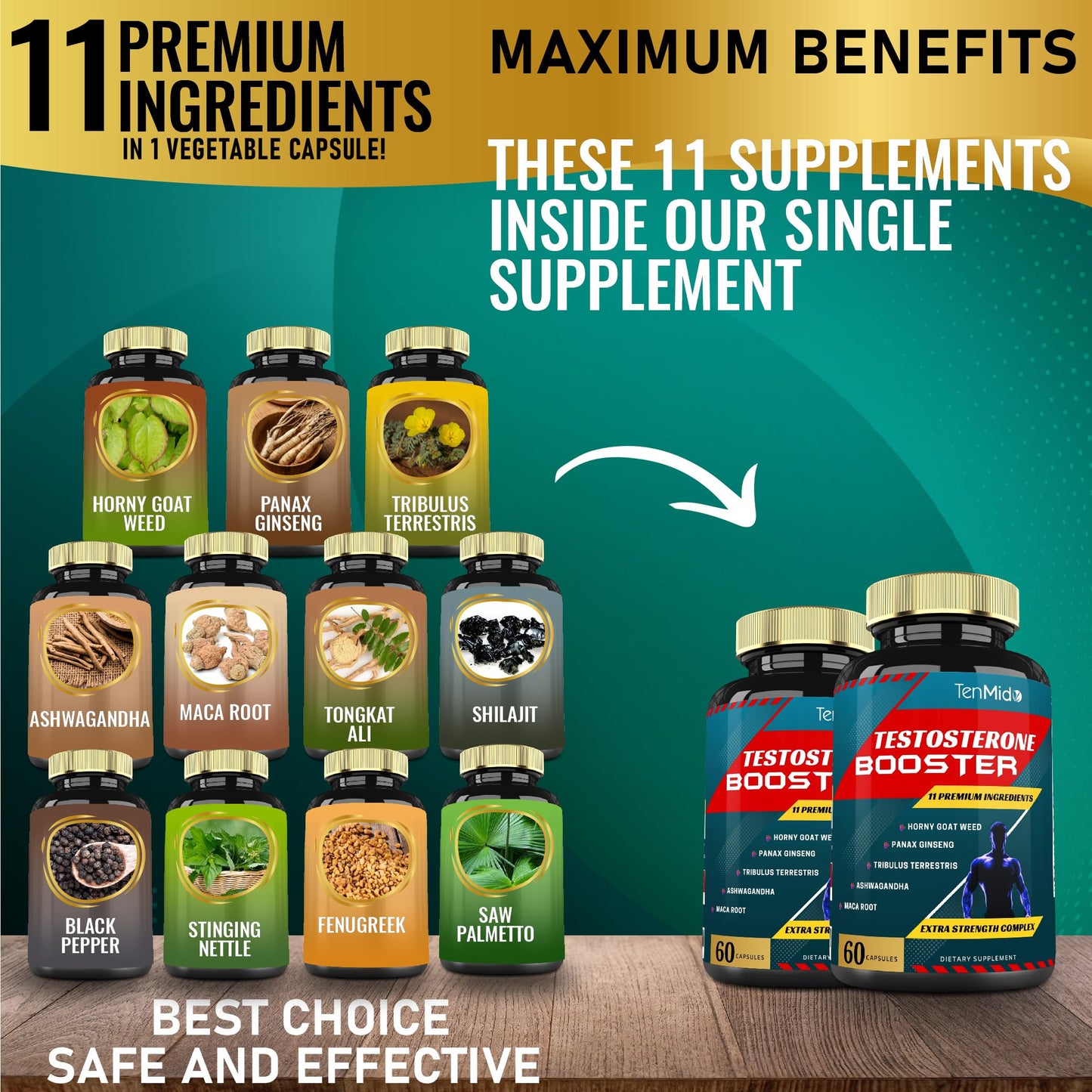 Tenmido 2 Packs of 60caps Testosterone Supplements Booster for Men - Natural Stamina, Endurance & Strength Supplement - Muscle Building Growth, Increasing Performance, Energy