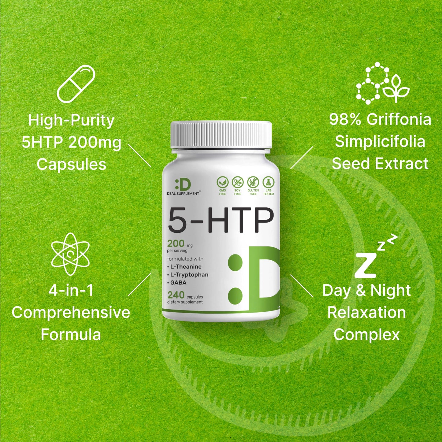 Deal Supplement 5-HTP 200mg Per Serving, 240 Capsules, 98% African Derived Griffonia Seed Extract | 4 in 1 Formula | Plus Active L Theanine, L Tryptophan, & GABA | Relaxation Support Supplement