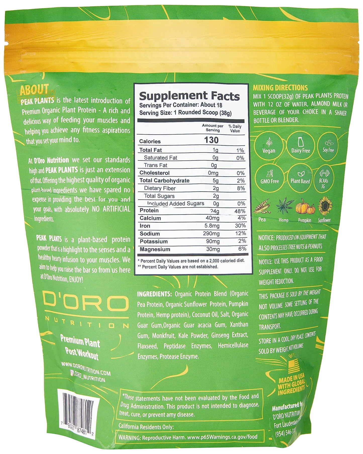 D’Oro Nutrition - Peak Plant Protein Powder - Vanilla Flavor - Plant-Based Post Workout - Premium Organic Protein Shakes - 22G of Protein Per Scoop