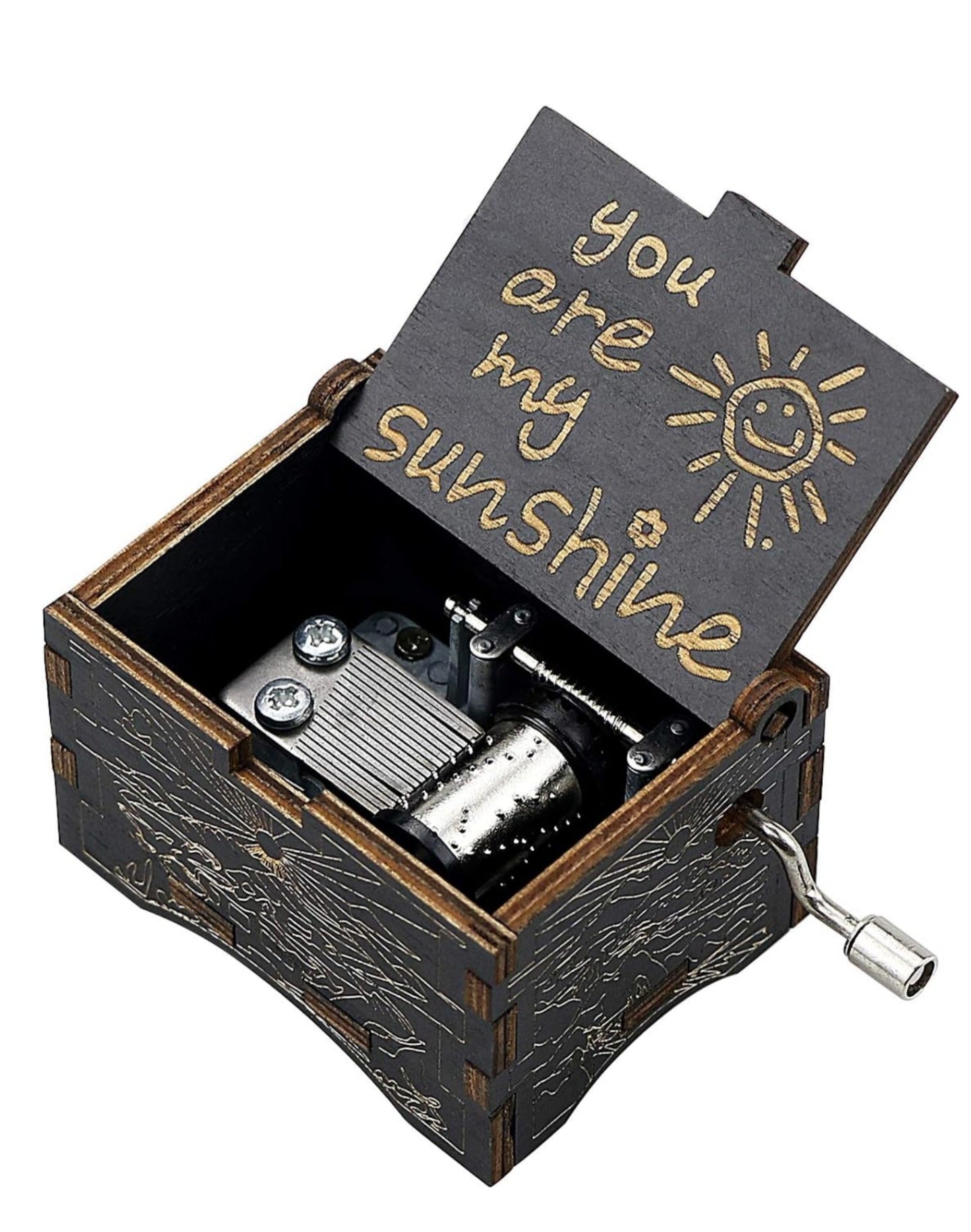 uwows Vintage Wood Hand Crank Music Box You are My Sunshine Gift for Familier Lover Birthday/Christmas/Valentine's Day (Black-You are my SunShine)