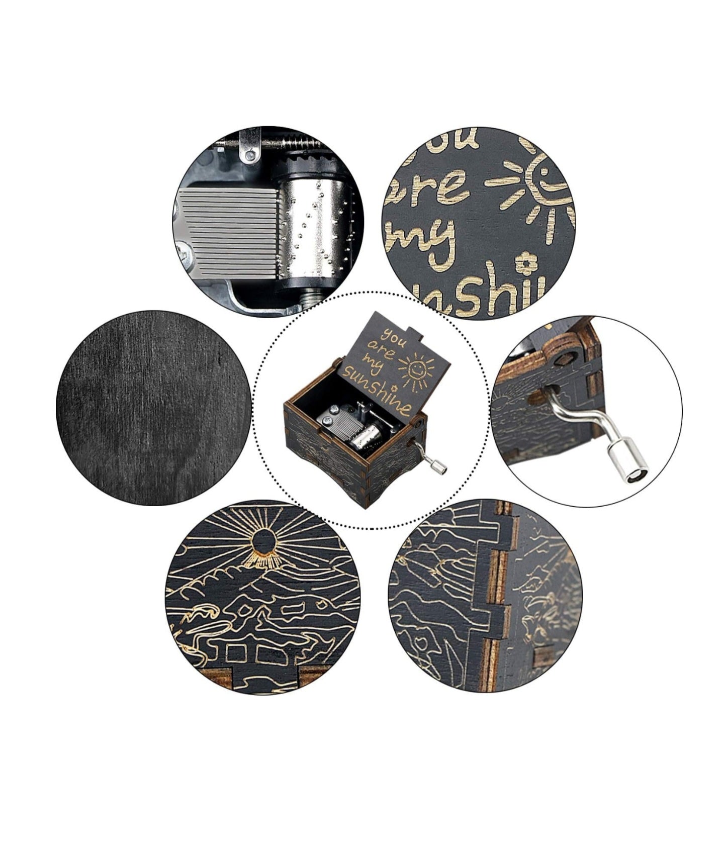 uwows Vintage Wood Hand Crank Music Box You are My Sunshine Gift for Familier Lover Birthday/Christmas/Valentine's Day (Black-You are my SunShine)